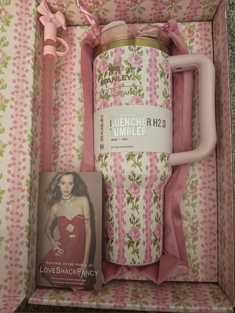 40 oz LoveShackFancy Stanley Pink Floral Tumbler w/ Gold Trim - Limited Edition
